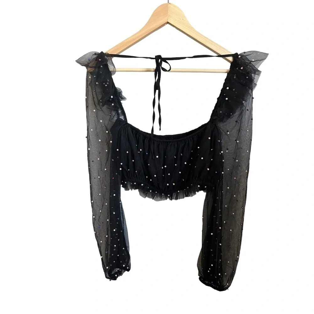 CAMILA Coelho Revolve Suza Crop Mesh Sleeve Top in Black Multi Pearl Dot Large - Picture 7 of 8